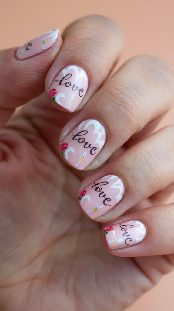 Nails with soft pink tones, heart designs, delicate roses, and glitter accents, capturing the charm and romance of classic rom-com movies.