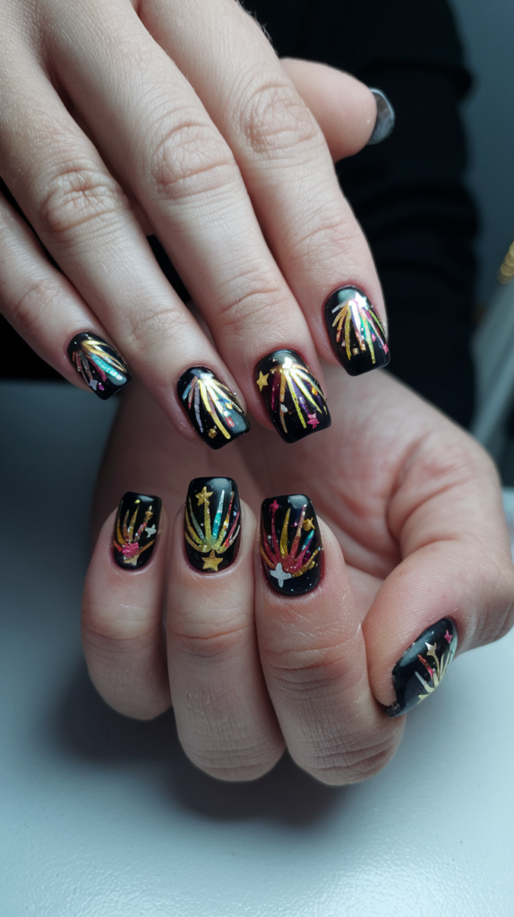 Close-up of black nails with bursts of colorful glitter in blue, pink, and green, resembling fireworks, accented with small gold and silver stars for a festive New Year look.