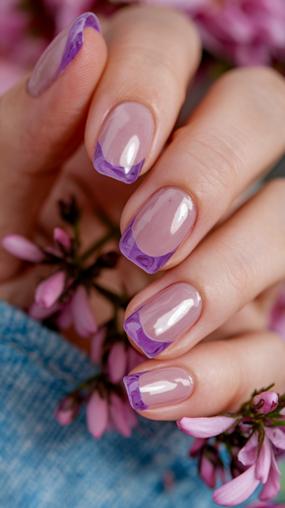 Sheer, translucent violet nails with a jelly-like effect, providing a light and summery look.

