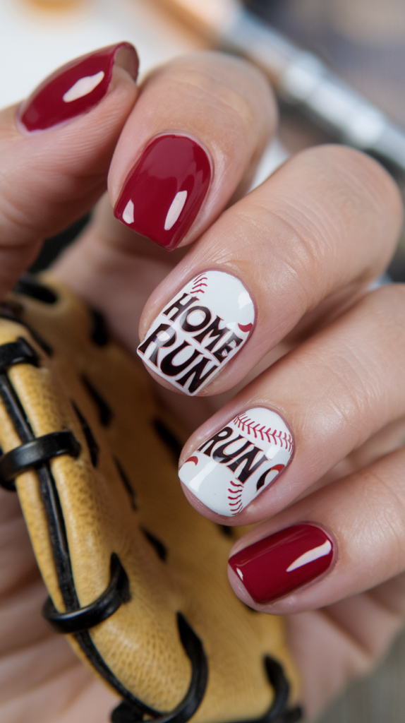 Bold nails painted to resemble mini baseball caps, complete with stitching and team initials