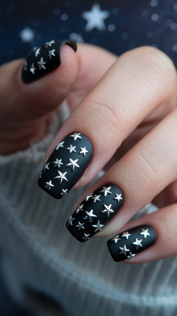 Nails with swirling silver and black marble patterns for a bold and sophisticated look.