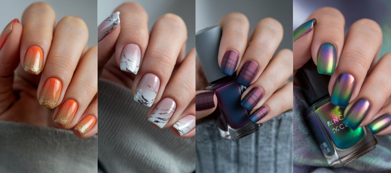 Four distinct gradient nail designs: warm orange nails with golden glitter tips, soft blush pink to white marble ombre nails with silver veins, matte burgundy to navy ombre nails with a plaid-inspired pattern, and vibrant multicolor chrome gradient nails shifting from green to purple