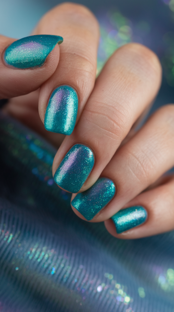 Teal to turquoise gradient nails with an iridescent shimmer overlay.