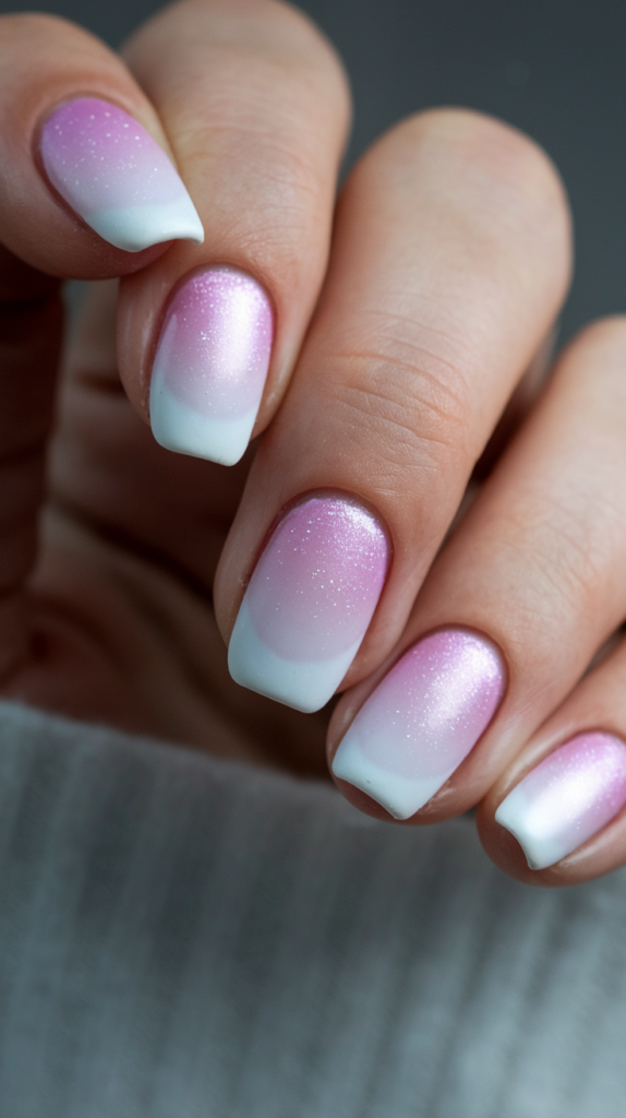 Matte baby pink to white ombre nails resembling soft snow.