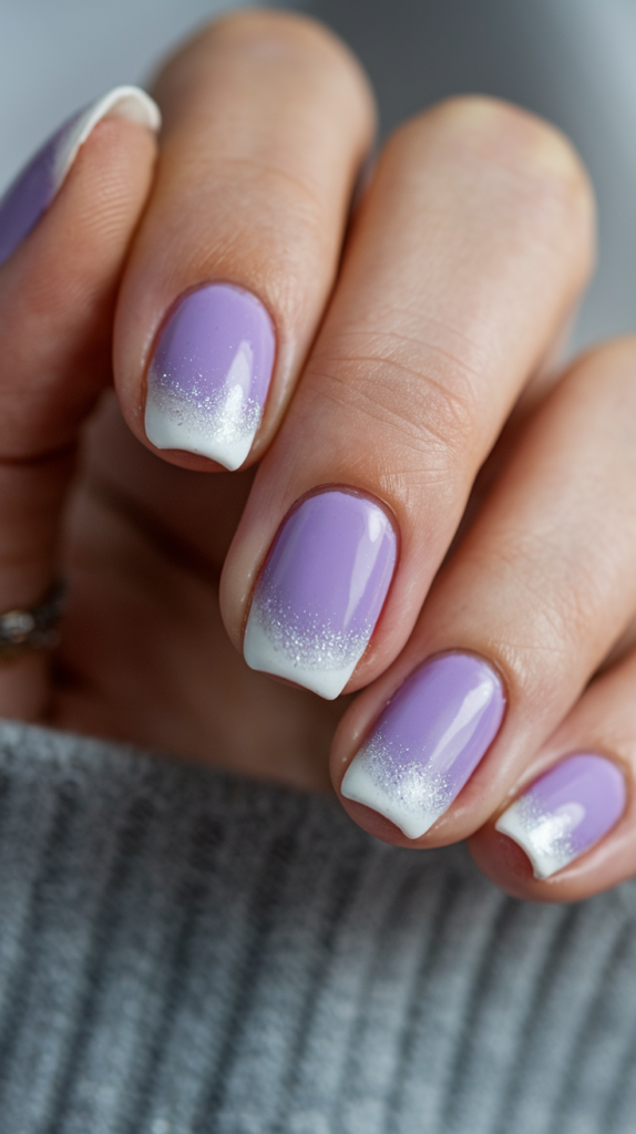 Cool lilac to frosty white gradient nails with an icy shimmer.