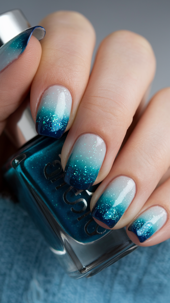 Navy to icy teal gradient nails with a frosty sparkle effect.