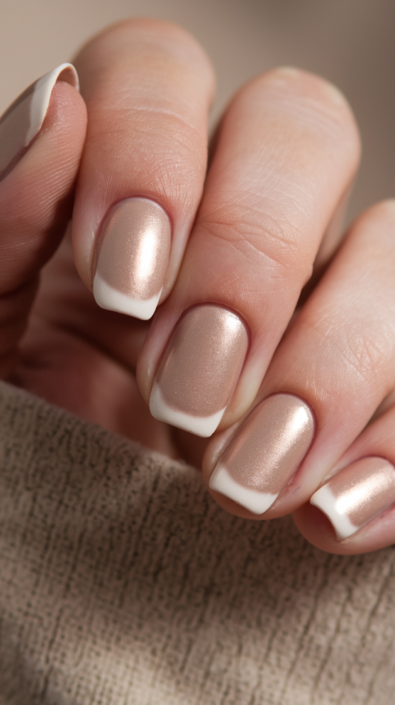 Warm taupe to creamy beige gradient nails with a soft matte texture.