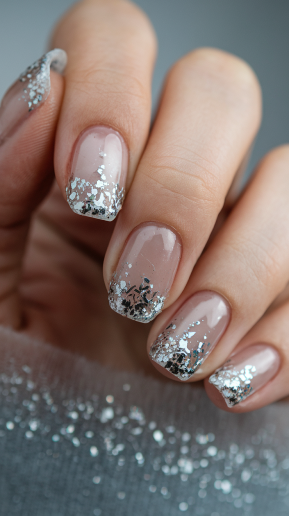 Transparent to silver glitter gradient nails resembling frosted ice.