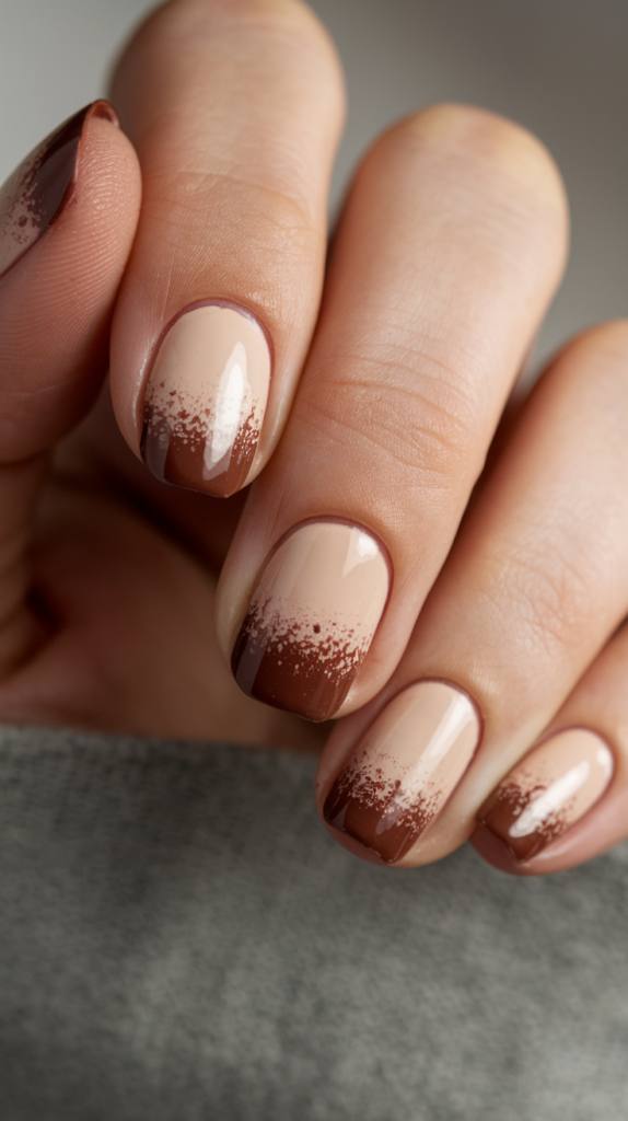 Milk chocolate to creamy beige gradient nails with a glossy finish.