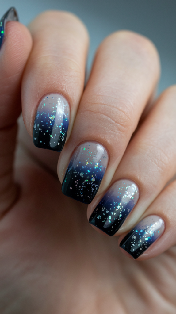 Jet-black to deep navy gradient nails with silver glitter resembling stars.