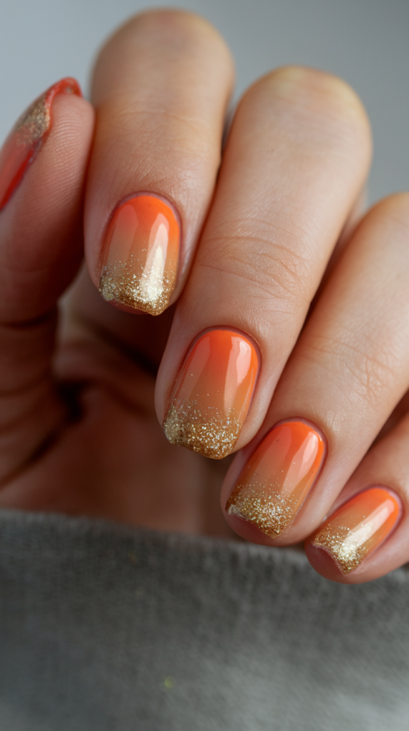 Sunset-inspired orange to gold ombre nails with a radiant glow.