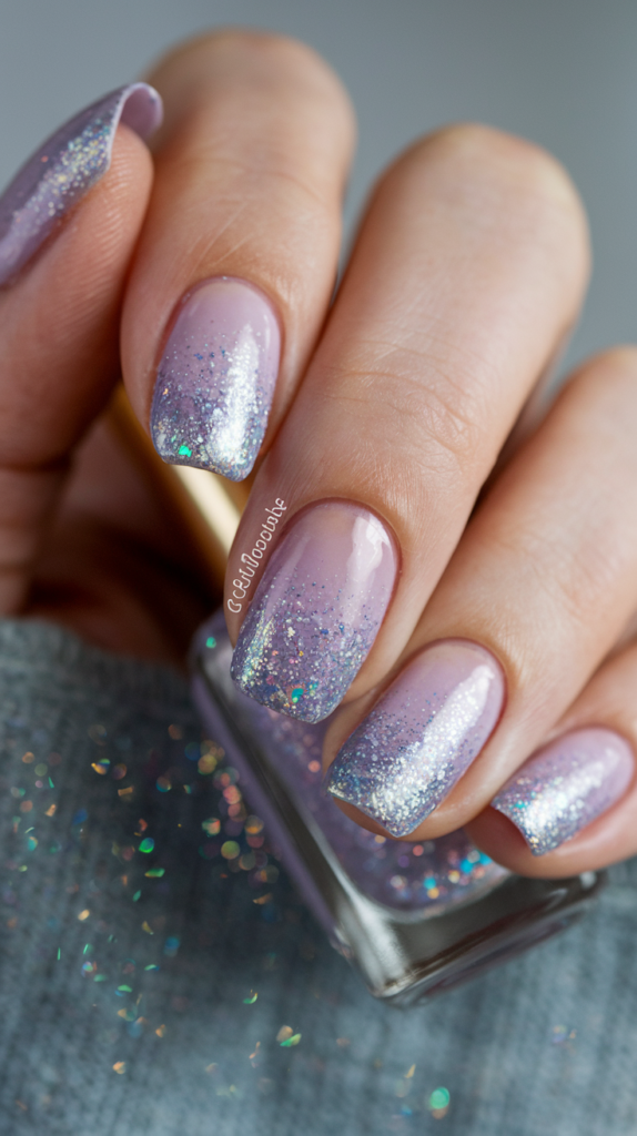 Silver to icy lavender gradient nails featuring holographic glitter.