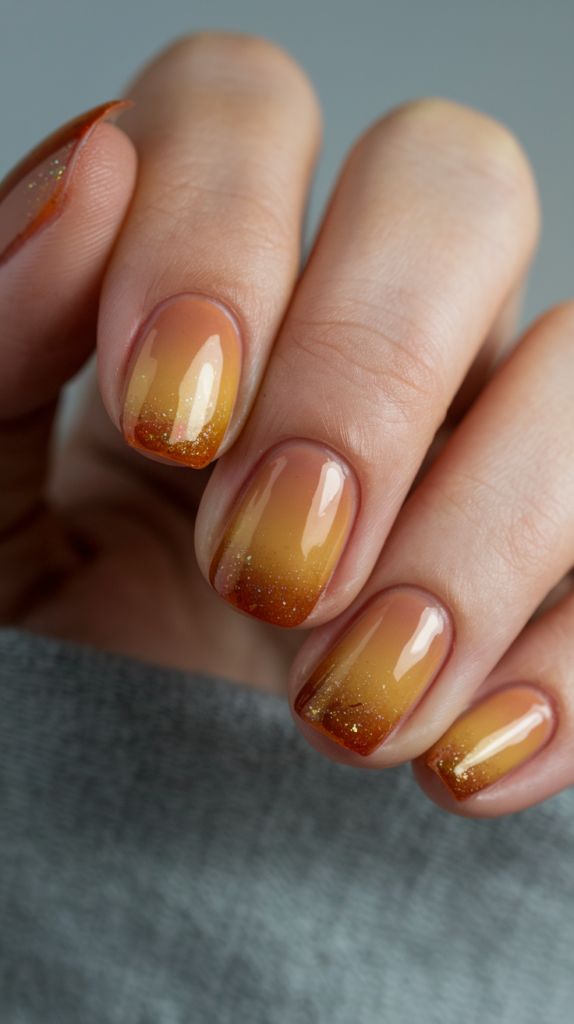 Honey amber to caramel gradient nails with a warm, glossy finish.