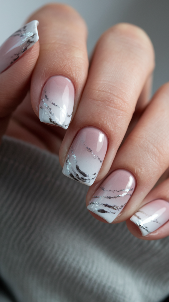 White to light gray gradient nails with swirling shimmer for a snowstorm effect.