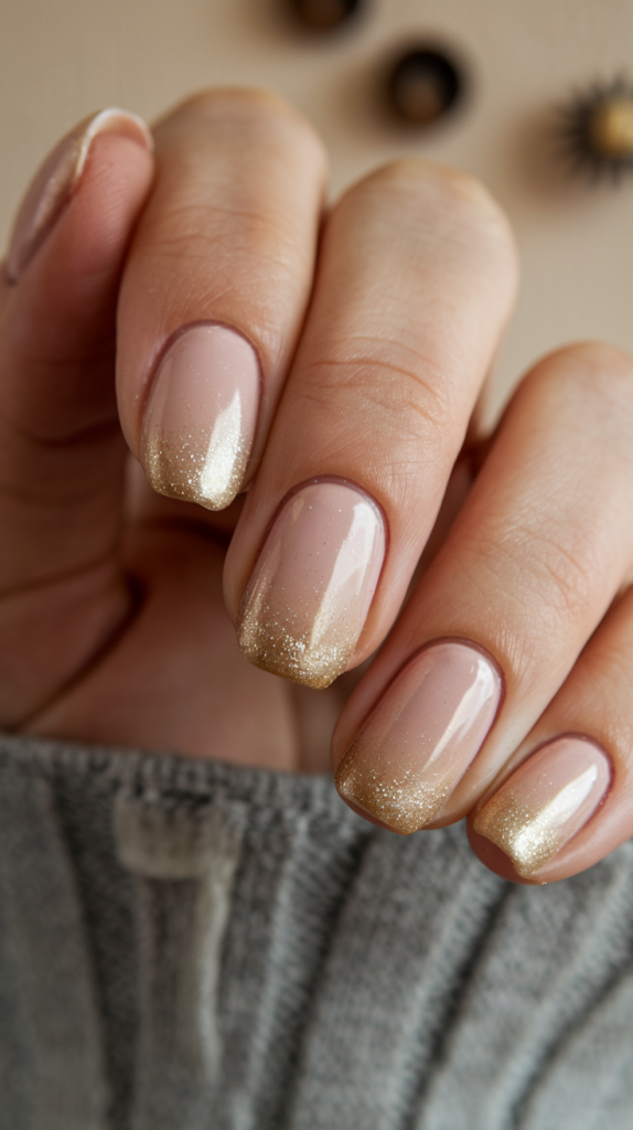 Champagne gold to cream gradient nails with a luxurious metallic finish.