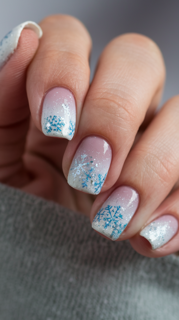 Glittery white to icy blue gradient nails with delicate snowflake accents.