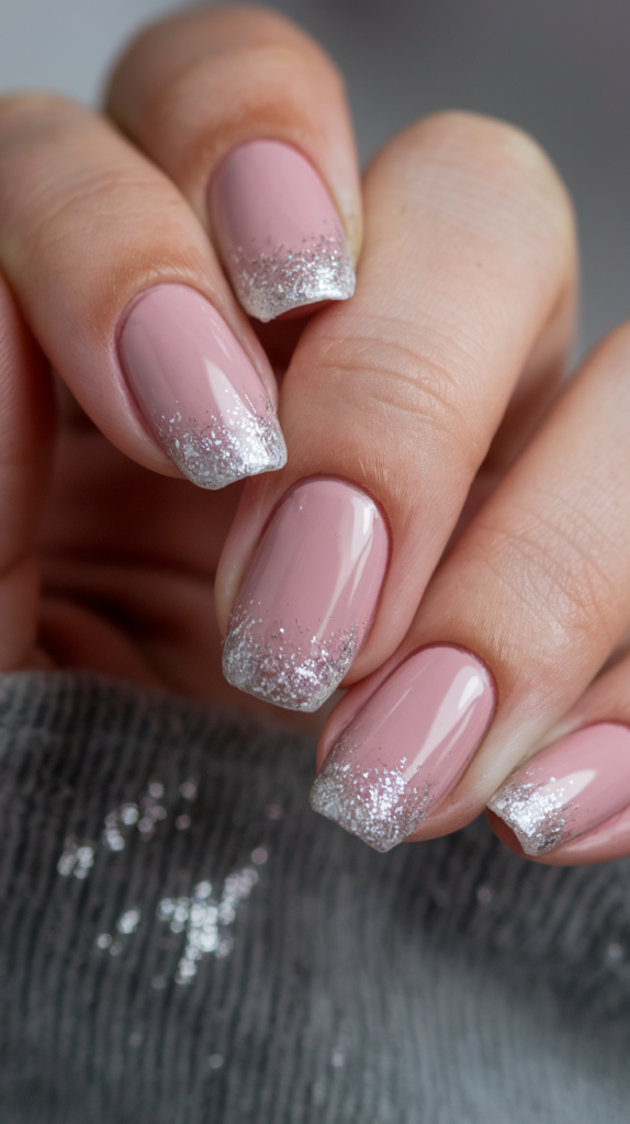 Blush pink to frosty silver ombre nails with a glossy, shimmering finish.