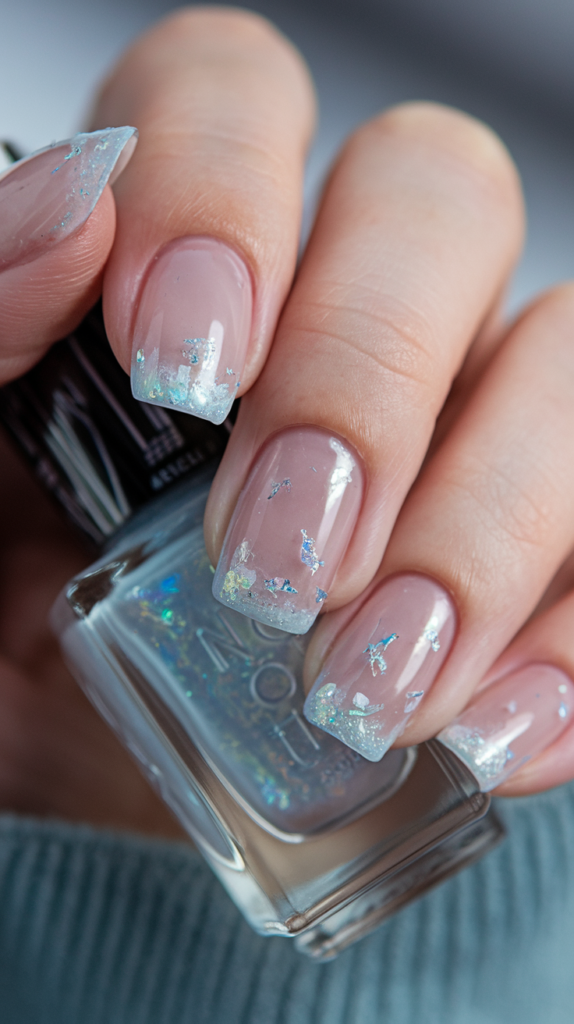 Transparent to pale blue gradient nails with scattered silver flakes.