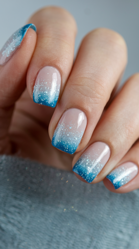 Frosty blue to white ombre nails with a glossy finish and subtle shimmer.