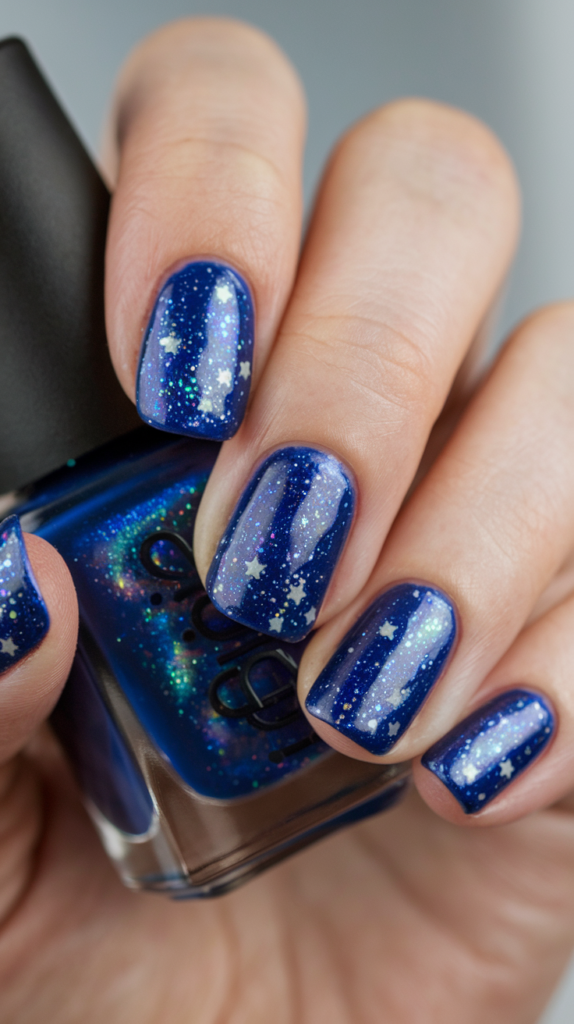 Deep cobalt blue to shimmering silver gradient nails with holographic glitter.