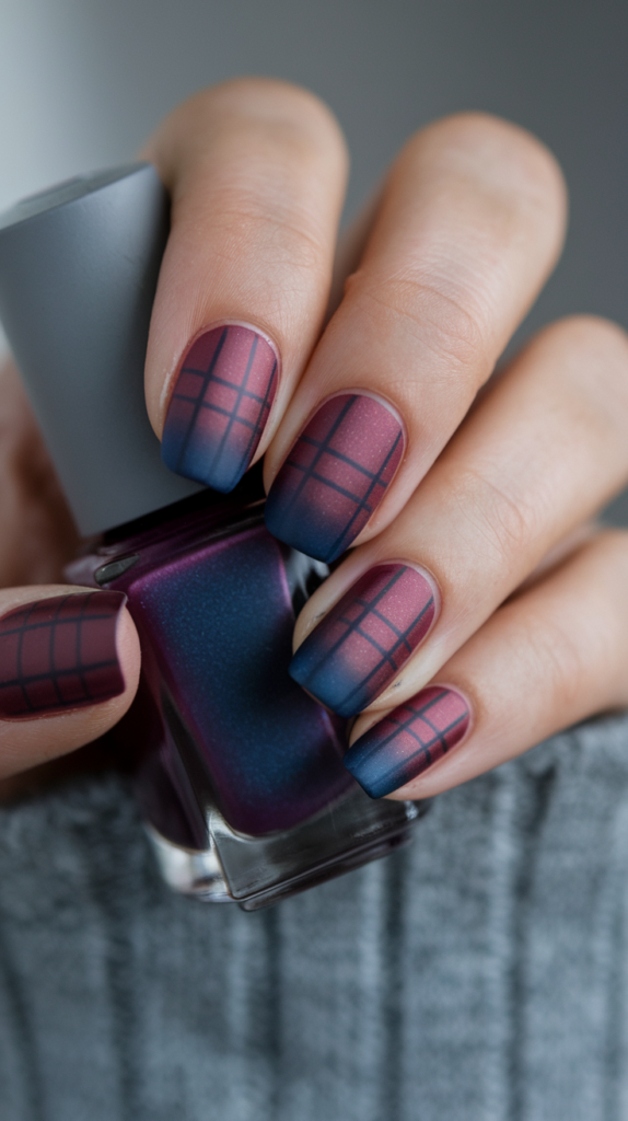 Deep red to dark navy gradient nails with a plaid-inspired shimmer.