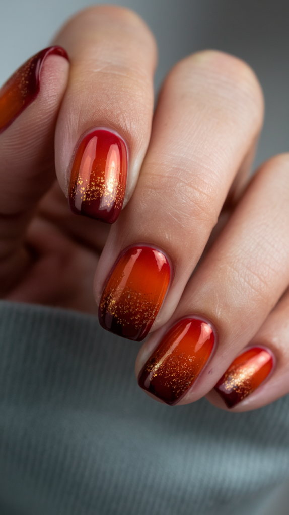 Burnt orange to deep red gradient nails with a fiery gold shimmer.