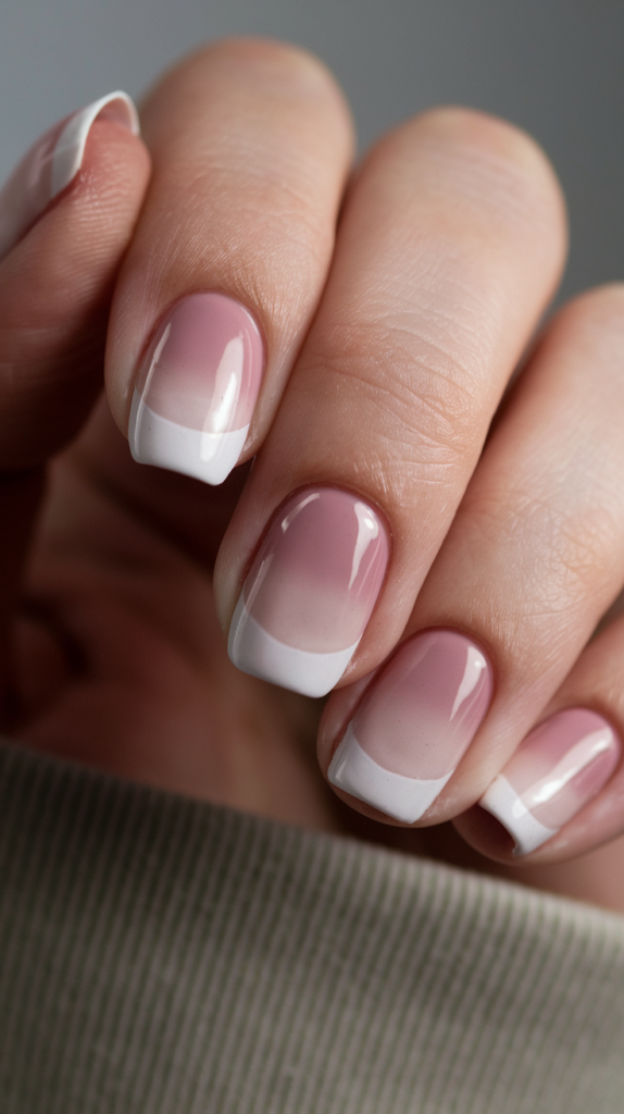 Baby pink to translucent nude gradient nails with a natural shine.