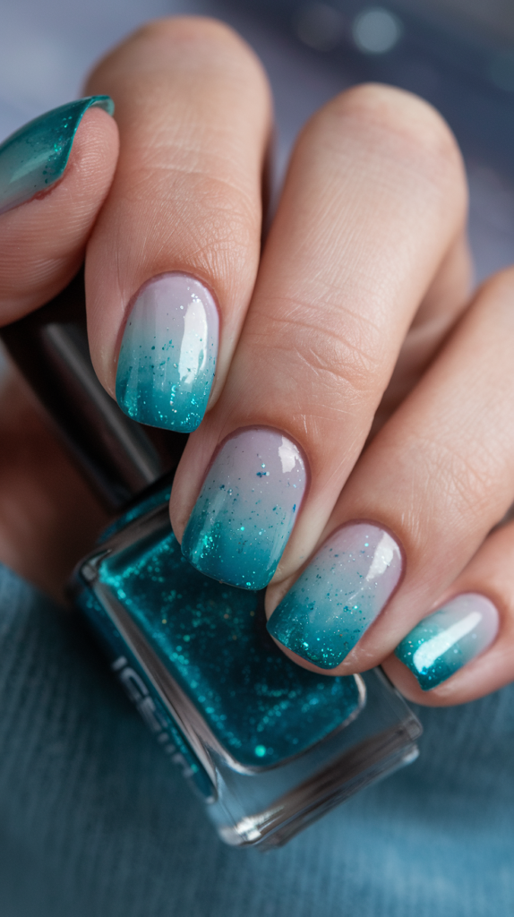 Deep teal to pale aqua gradient nails with fine glitter mimicking ocean waves.