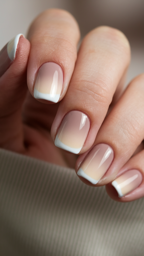 Soft beige to creamy white ombre nails with a timeless glossy look.