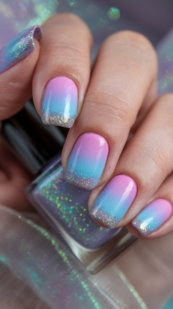 Pastel pink, lavender, and baby blue gradient nails with holographic glitter.