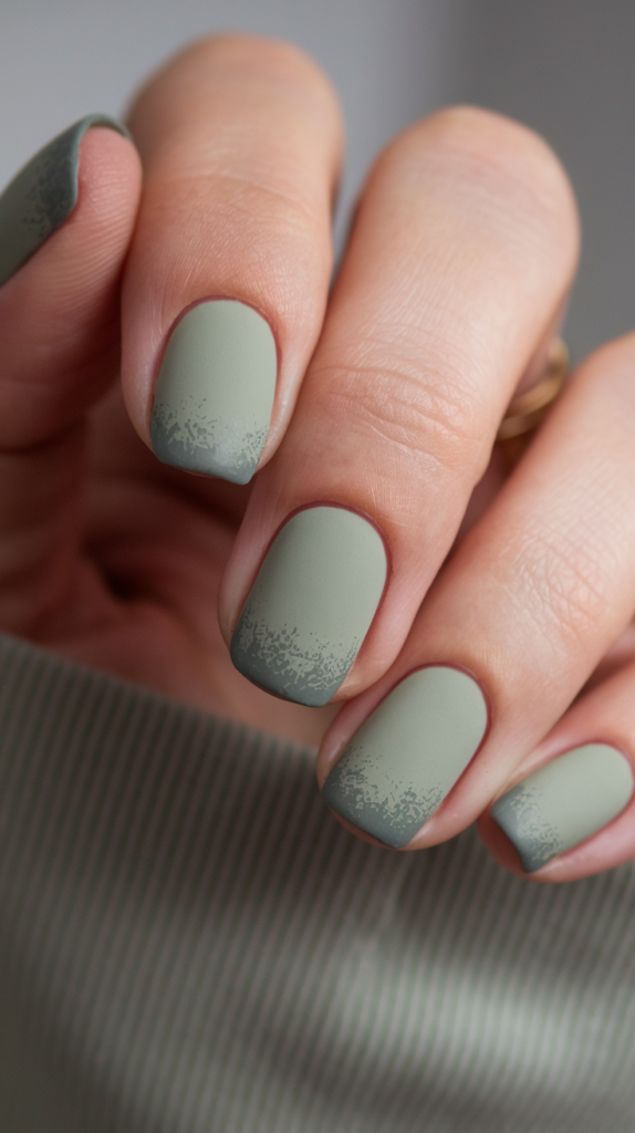 Muted sage green to gray gradient nails with a modern matte finish.