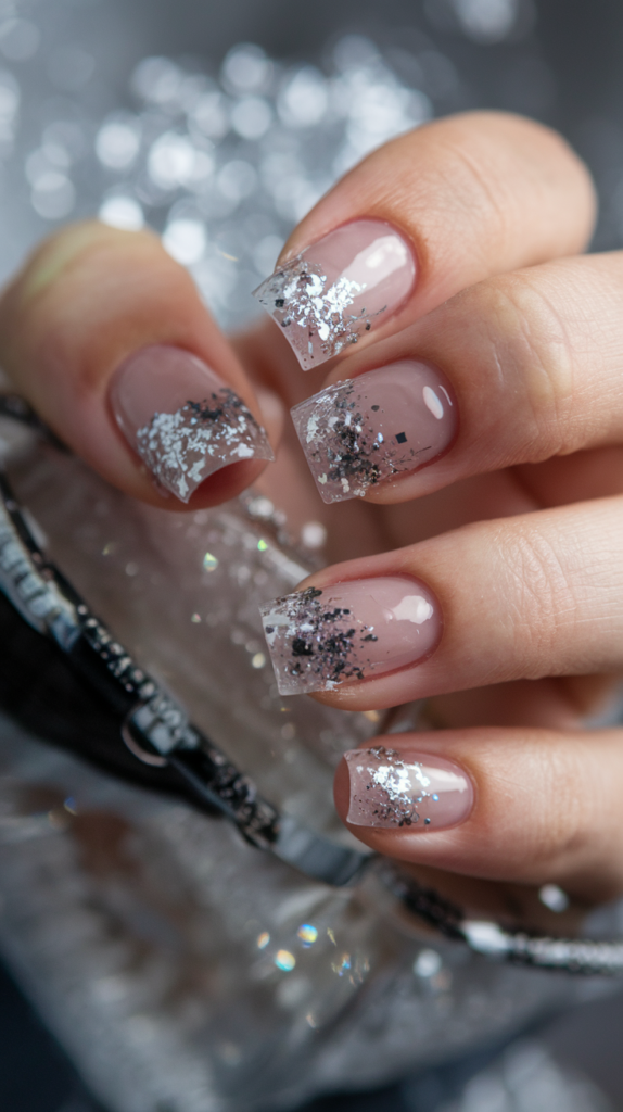 Transparent to chunky silver glitter gradient nails with a crystalline sparkle.