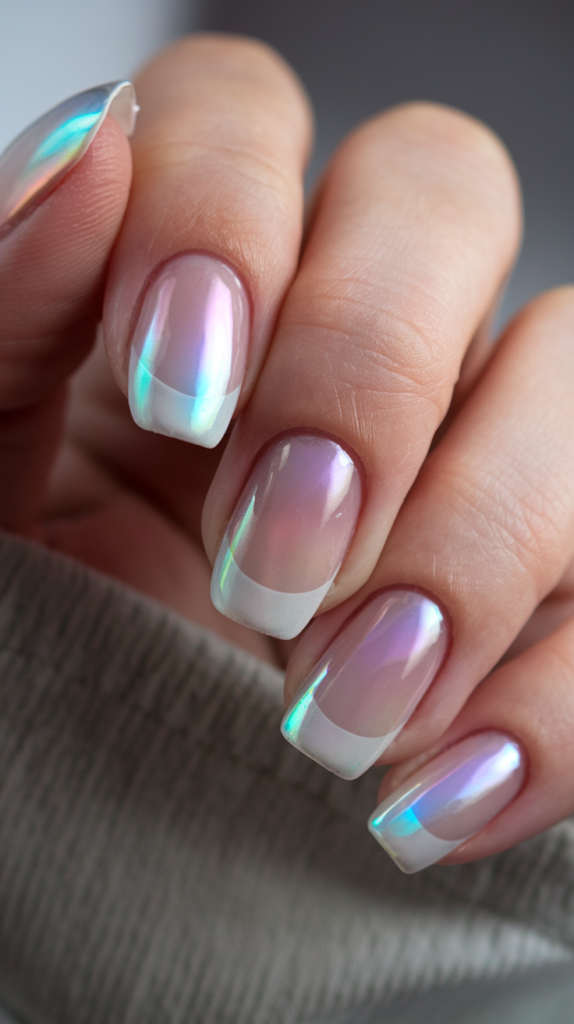 Iridescent pearl to clear ombre nails with a shimmering finish.