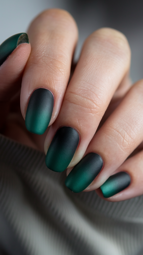 Matte black to dark green gradient nails with a velvety soft finish.