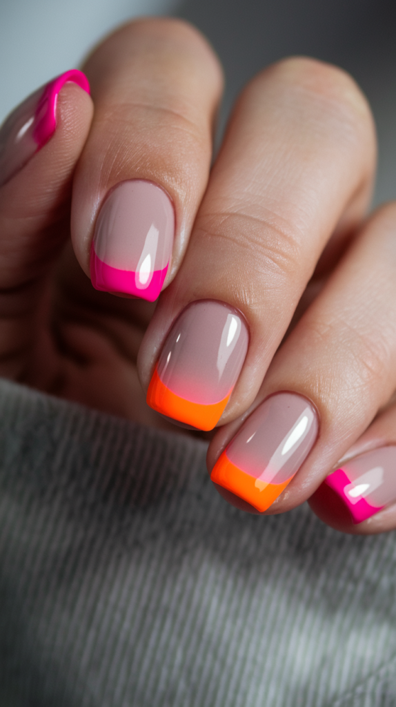 Neutral base to hot pink and neon orange gradient nails with a playful vibe.