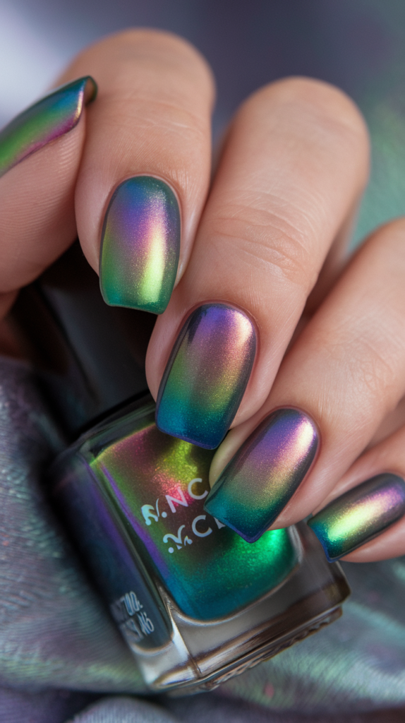 Green, purple, and blue gradient nails inspired by the northern lights.